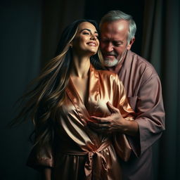 A beautiful woman with long flowing hair wearing an untied satin robe stands in a dimly lit room