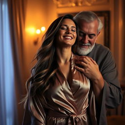 A beautiful woman with long flowing hair wearing an untied satin robe stands in a dimly lit room