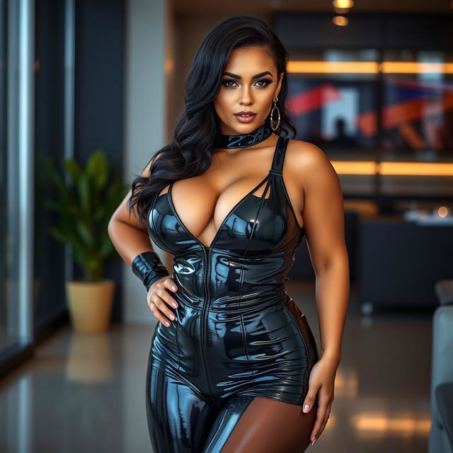 A captivating image of a woman with a voluptuous figure, wearing a sleek, shiny latex outfit paired with nylon stockings