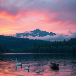 A serene and enchanting landscape at dusk, featuring a tranquil lake surrounded by lush forests