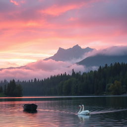 A serene and enchanting landscape at dusk, featuring a tranquil lake surrounded by lush forests