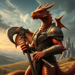 A majestic copper dragonborn stands tall and proud