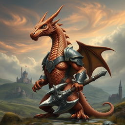 A majestic copper dragonborn stands tall and proud