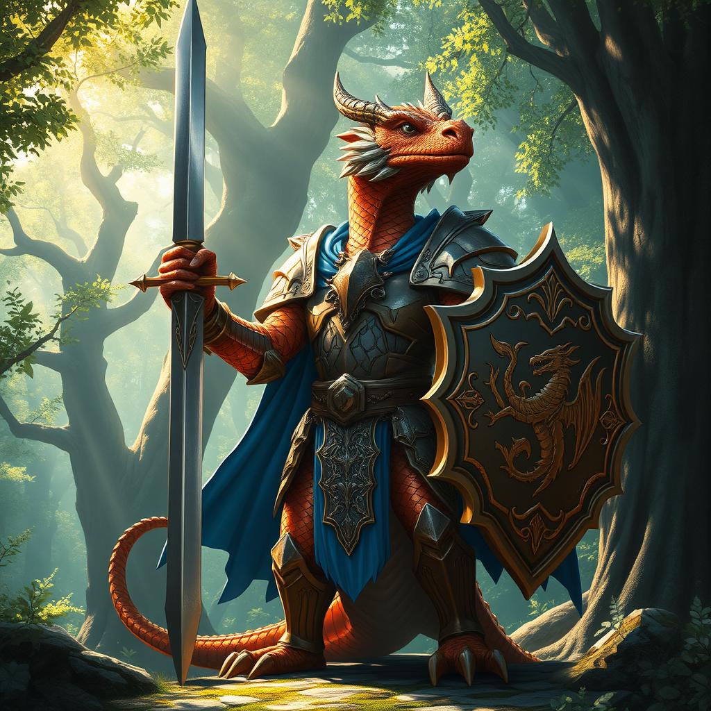 A majestic copper dragonborn paladin standing proudly in the midst of an ancient, enchanted forest