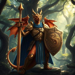 A majestic copper dragonborn paladin standing proudly in the midst of an ancient, enchanted forest