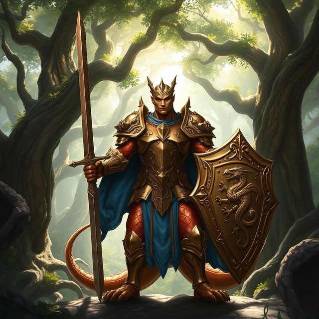 A majestic copper dragonborn paladin standing proudly in the midst of an ancient, enchanted forest