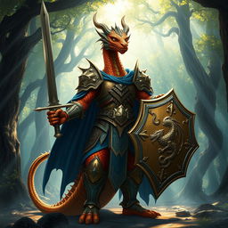 A majestic copper dragonborn paladin standing proudly in the midst of an ancient, enchanted forest