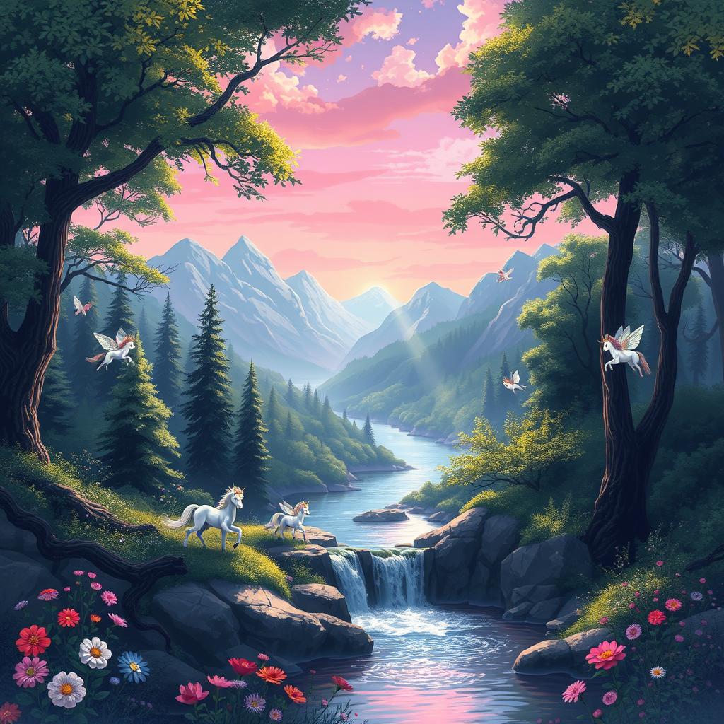 a serene landscape depicting Metonia, a fictional world with enchanted forests, crystal-clear rivers, and majestic mountains under a sky painted in shades of pink and purple