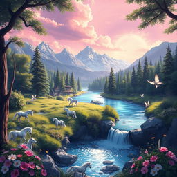 a serene landscape depicting Metonia, a fictional world with enchanted forests, crystal-clear rivers, and majestic mountains under a sky painted in shades of pink and purple