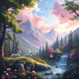 a serene landscape depicting Metonia, a fictional world with enchanted forests, crystal-clear rivers, and majestic mountains under a sky painted in shades of pink and purple