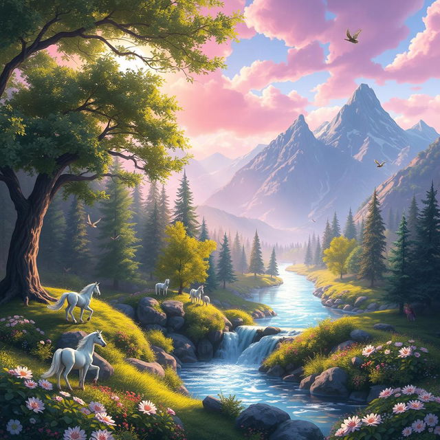 a serene landscape depicting Metonia, a fictional world with enchanted forests, crystal-clear rivers, and majestic mountains under a sky painted in shades of pink and purple