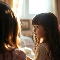 A young girl looking at herself in the mirror, with a serene and thoughtful expression