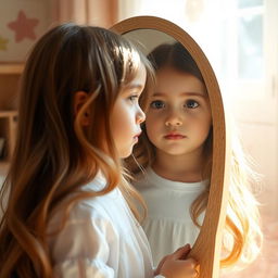 A young girl looking at herself in the mirror, with a serene and thoughtful expression