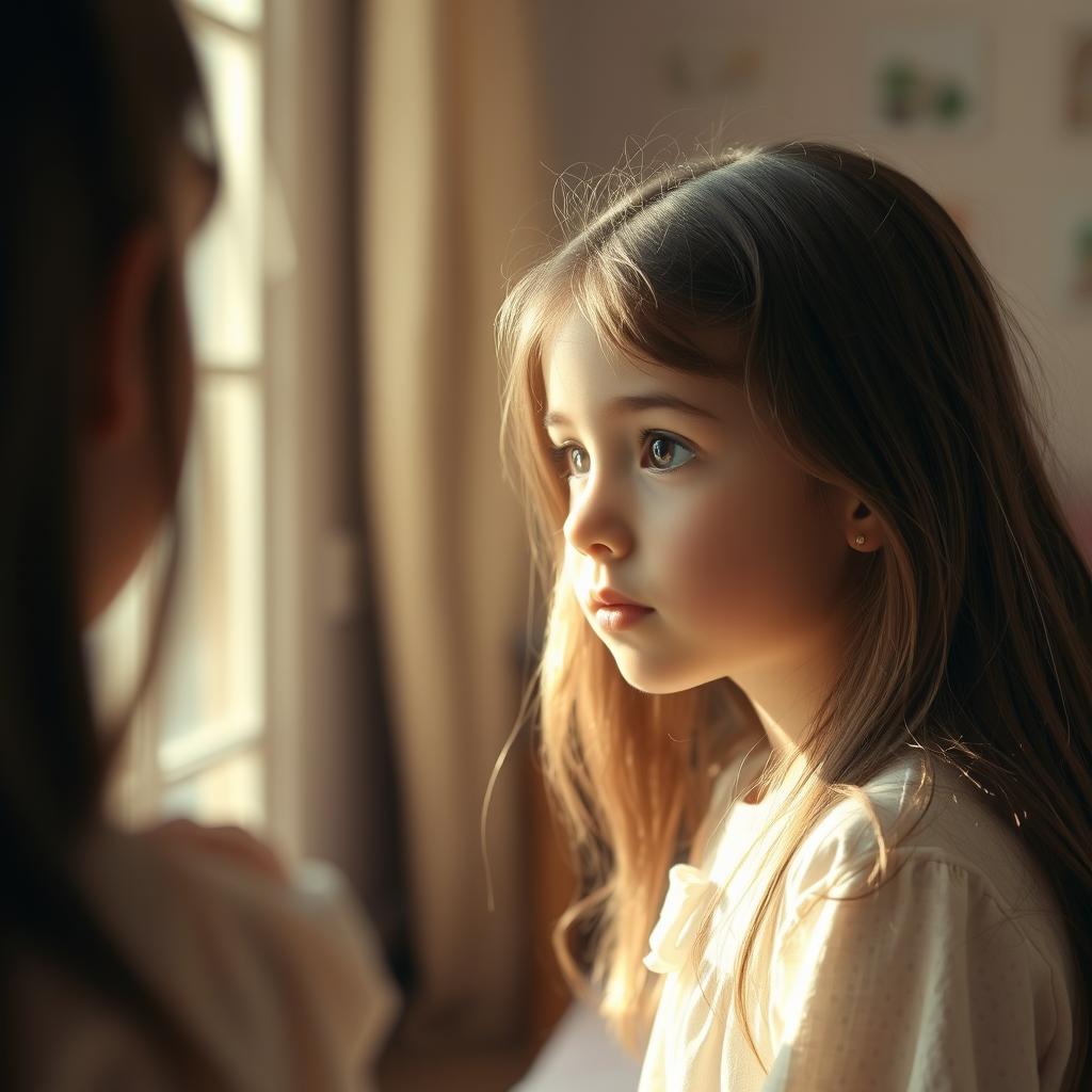 A young girl looking at herself in the mirror, with a serene and thoughtful expression