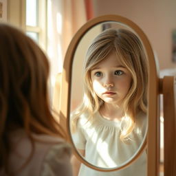 A young girl looking at herself in the mirror, with a serene and thoughtful expression