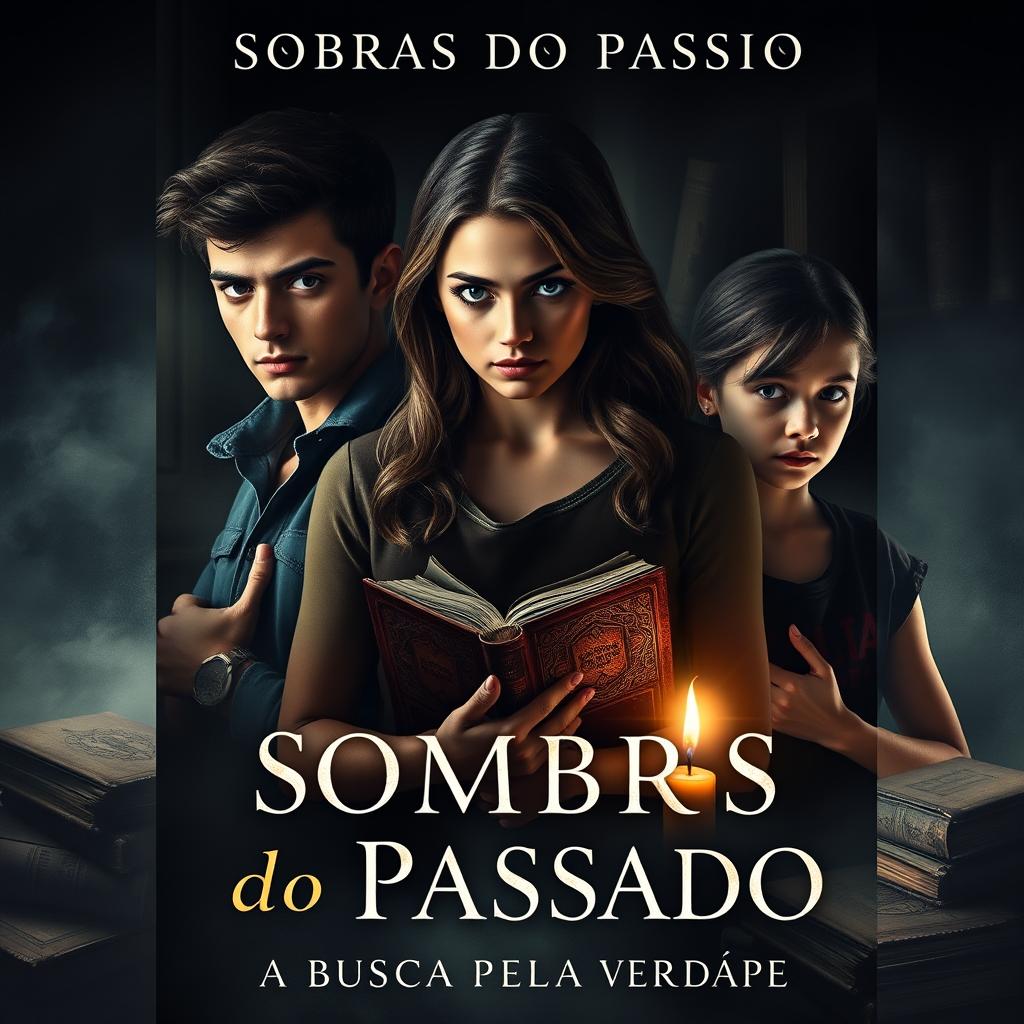 A captivating book cover for "Sombras do Passado: A Busca Pela Verdade" featuring the three protagonists: a 20-year-old young man with striking features, an 18-year-old young woman with an inquisitive expression, and a 14-year-old girl with a thoughtful demeanor