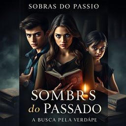 A captivating book cover for "Sombras do Passado: A Busca Pela Verdade" featuring the three protagonists: a 20-year-old young man with striking features, an 18-year-old young woman with an inquisitive expression, and a 14-year-old girl with a thoughtful demeanor