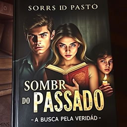 A captivating book cover for "Sombras do Passado: A Busca Pela Verdade" featuring the three protagonists: a 20-year-old young man with striking features, an 18-year-old young woman with an inquisitive expression, and a 14-year-old girl with a thoughtful demeanor