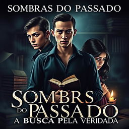 A captivating book cover for "Sombras do Passado: A Busca Pela Verdade" featuring the three protagonists: a 20-year-old young man with striking features, an 18-year-old young woman with an inquisitive expression, and a 14-year-old girl with a thoughtful demeanor