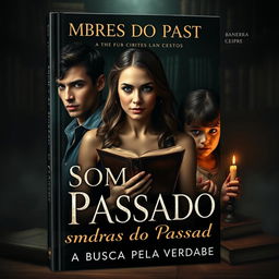 A captivating book cover for "Sombras do Passado: A Busca Pela Verdade" featuring the three protagonists: a 20-year-old young man with striking features, an 18-year-old young woman with an inquisitive expression, and a 14-year-old girl with a thoughtful demeanor