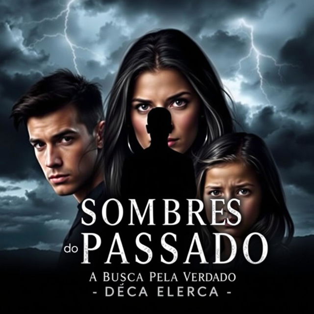 A captivating book cover for "Sombras do Passado: A Busca Pela Verdade" featuring the three protagonists: a 20-year-old young man with striking features, an 18-year-old young woman with an inquisitive expression, and a 14-year-old girl with a thoughtful demeanor