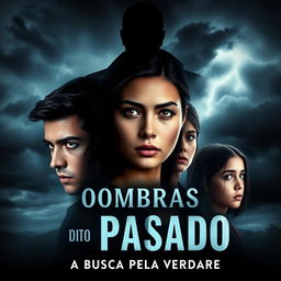 A captivating book cover for "Sombras do Passado: A Busca Pela Verdade" featuring the three protagonists: a 20-year-old young man with striking features, an 18-year-old young woman with an inquisitive expression, and a 14-year-old girl with a thoughtful demeanor