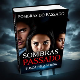 A captivating book cover for "Sombras do Passado: A Busca Pela Verdade" featuring the three protagonists: a 20-year-old young man with striking features, an 18-year-old young woman with an inquisitive expression, and a 14-year-old girl with a thoughtful demeanor