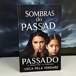 A captivating book cover for "Sombras do Passado: A Busca Pela Verdade" featuring the three protagonists: a 20-year-old young man with striking features, an 18-year-old young woman with an inquisitive expression, and a 14-year-old girl with a thoughtful demeanor