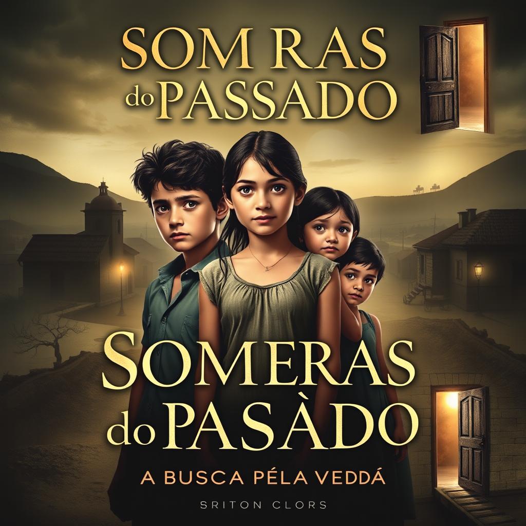 A captivating book cover for "Sombras do Passado: A Busca Pela Verdade" featuring three siblings in the foreground: Lúcio, the eldest brother, standing center with a look of determination and pain; Vanessa beside him, embodying both strength and vulnerability; and Priscila, the youngest, with a worried yet curious gaze