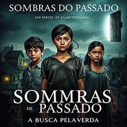 A captivating book cover for "Sombras do Passado: A Busca Pela Verdade" featuring three siblings in the foreground: Lúcio, the eldest brother, standing center with a look of determination and pain; Vanessa beside him, embodying both strength and vulnerability; and Priscila, the youngest, with a worried yet curious gaze