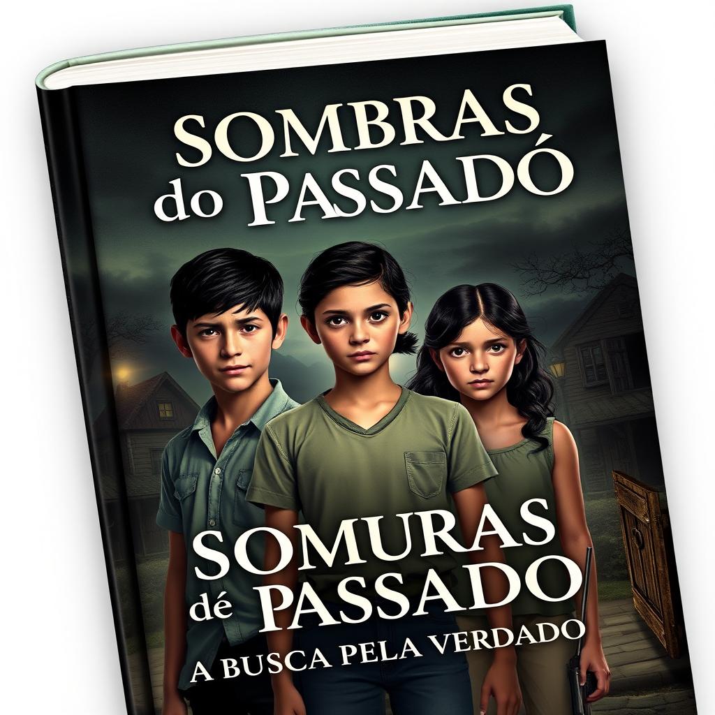 A captivating book cover for "Sombras do Passado: A Busca Pela Verdade" featuring three siblings in the foreground: Lúcio, the eldest brother, standing center with a look of determination and pain; Vanessa beside him, embodying both strength and vulnerability; and Priscila, the youngest, with a worried yet curious gaze