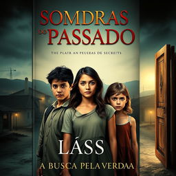 A captivating book cover for "Sombras do Passado: A Busca Pela Verdade" featuring three siblings in the foreground: Lúcio, the eldest brother, standing center with a look of determination and pain; Vanessa beside him, embodying both strength and vulnerability; and Priscila, the youngest, with a worried yet curious gaze