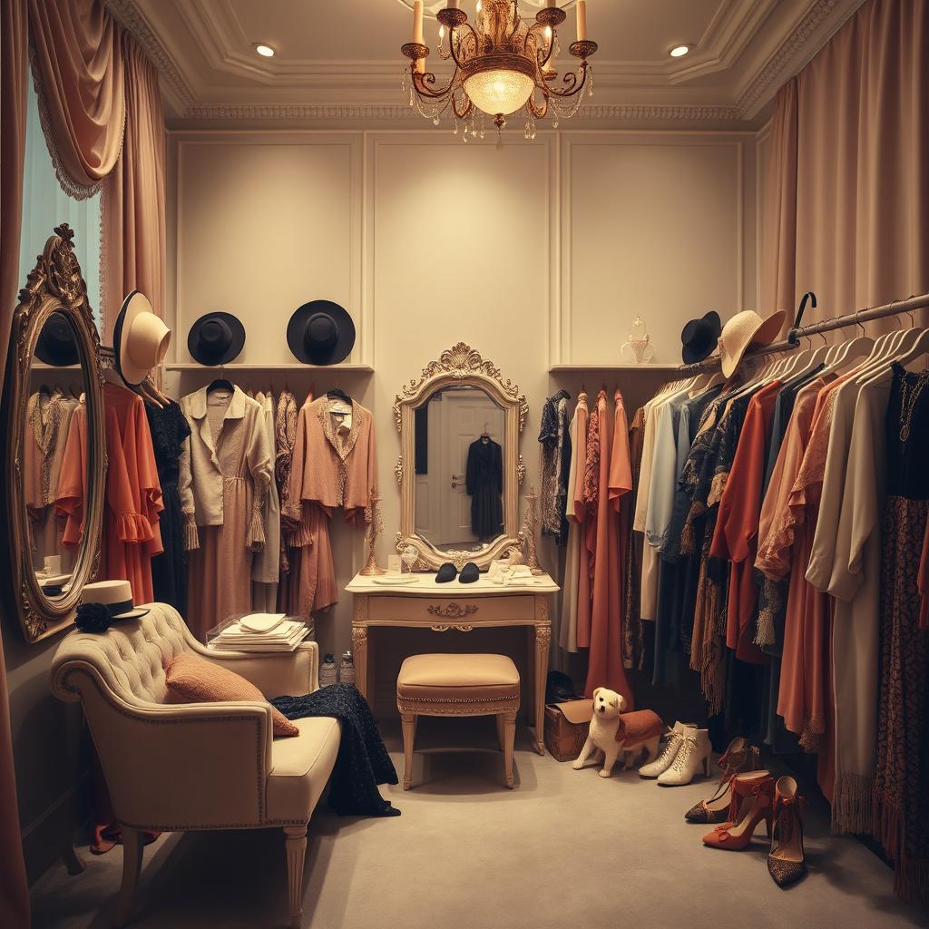 An elegant dressing room with soft lighting, featuring an array of beautifully designed clothing and accessories