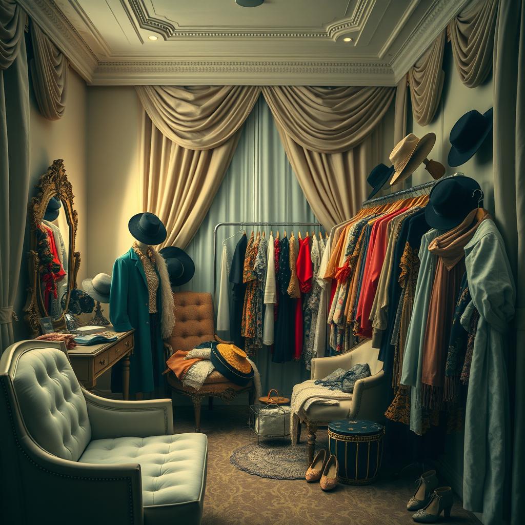 An elegant dressing room with soft lighting, featuring an array of beautifully designed clothing and accessories