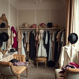 An elegant dressing room with soft lighting, featuring an array of beautifully designed clothing and accessories