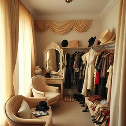 An elegant dressing room with soft lighting, featuring an array of beautifully designed clothing and accessories