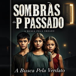 A captivating book cover for "Sombras do Passado: A Busca pela Verdade" featuring three siblings in the foreground: Lúcio, the eldest brother, standing center with a look of determination and pain; Vanessa beside him, embodying both strength and vulnerability; and Priscila, the youngest, with a worried yet curious gaze