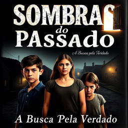 A captivating book cover for "Sombras do Passado: A Busca pela Verdade" featuring three siblings in the foreground: Lúcio, the eldest brother, standing center with a look of determination and pain; Vanessa beside him, embodying both strength and vulnerability; and Priscila, the youngest, with a worried yet curious gaze