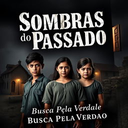 A captivating book cover for "Sombras do Passado: A Busca pela Verdade" featuring three siblings in the foreground: Lúcio, the eldest brother, standing center with a look of determination and pain; Vanessa beside him, embodying both strength and vulnerability; and Priscila, the youngest, with a worried yet curious gaze