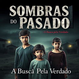 A captivating book cover for "Sombras do Passado: A Busca pela Verdade" featuring three siblings in the foreground: Lúcio, the eldest brother, standing center with a look of determination and pain; Vanessa beside him, embodying both strength and vulnerability; and Priscila, the youngest, with a worried yet curious gaze