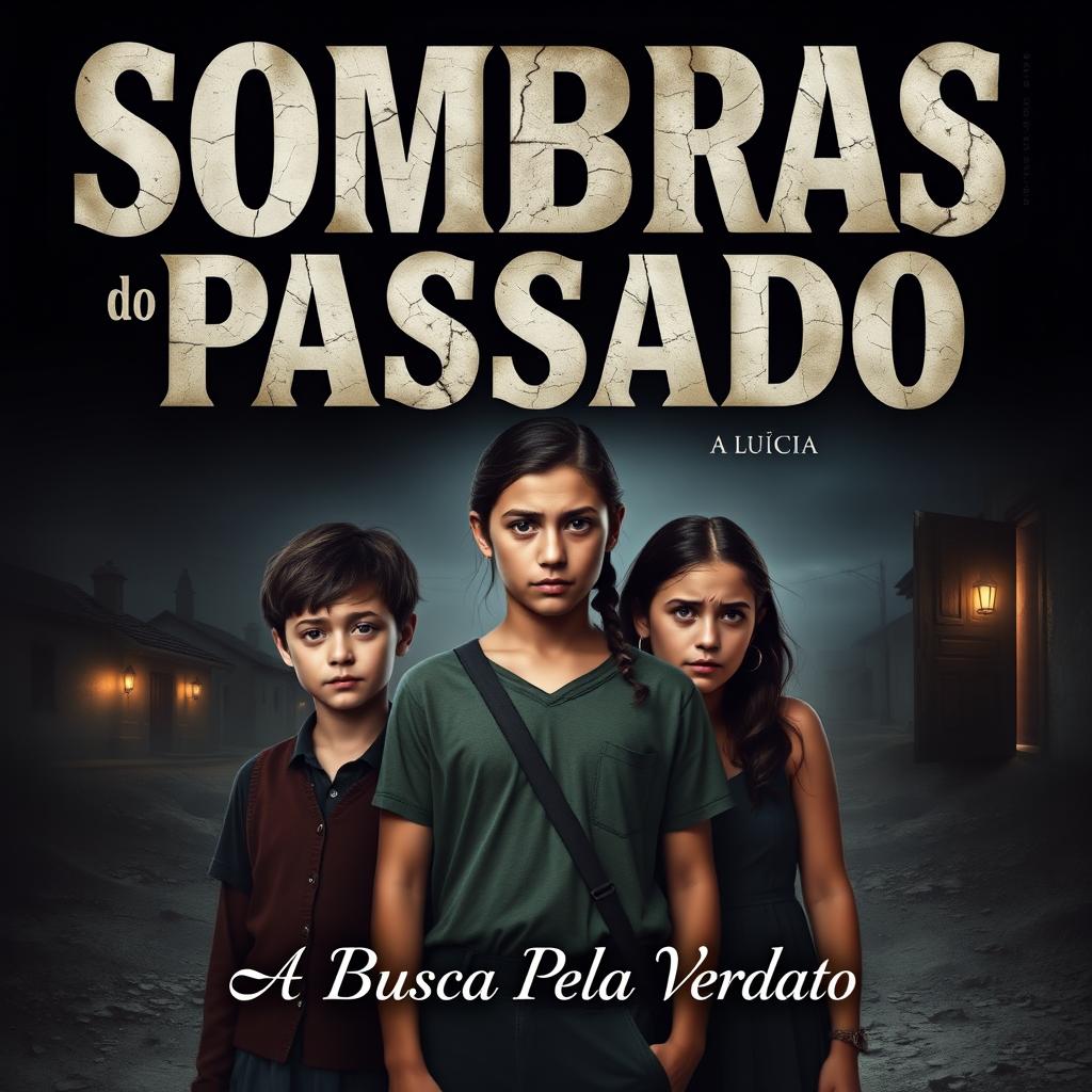 A captivating book cover for "Sombras do Passado: A Busca pela Verdade" featuring three siblings in the foreground: Lúcio, the eldest brother, standing center with a look of determination and pain; Vanessa beside him, embodying both strength and vulnerability; and Priscila, the youngest, with a worried yet curious gaze