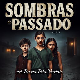 A captivating book cover for "Sombras do Passado: A Busca pela Verdade" featuring three siblings in the foreground: Lúcio, the eldest brother, standing center with a look of determination and pain; Vanessa beside him, embodying both strength and vulnerability; and Priscila, the youngest, with a worried yet curious gaze