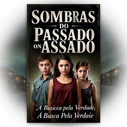 A captivating book cover for "Sombras do Passado: A Busca pela Verdade" featuring three siblings in the foreground: Lúcio, the eldest brother, standing center with a look of determination and pain; Vanessa beside him, embodying both strength and vulnerability; and Priscila, the youngest, with a worried yet curious gaze