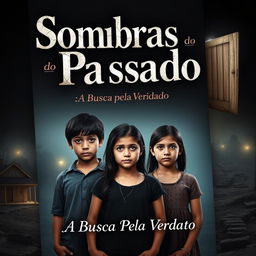 A captivating book cover for "Sombras do Passado: A Busca pela Verdade" featuring three siblings in the foreground: Lúcio, the eldest brother, standing center with a look of determination and pain; Vanessa beside him, embodying both strength and vulnerability; and Priscila, the youngest, with a worried yet curious gaze