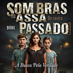 A captivating book cover for "Sombras do Passado: A Busca pela Verdade" featuring three siblings in the foreground: Lúcio, the eldest brother, standing center with a look of determination and pain; Vanessa beside him, embodying both strength and vulnerability; and Priscila, the youngest, with a worried yet curious gaze