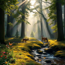 An enchanting forest scene at dawn, where misty streams of sunlight pierce through tall, ancient trees with lush green foliage