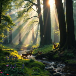 An enchanting forest scene at dawn, where misty streams of sunlight pierce through tall, ancient trees with lush green foliage