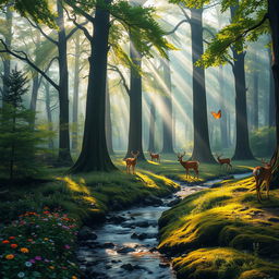 An enchanting forest scene at dawn, where misty streams of sunlight pierce through tall, ancient trees with lush green foliage