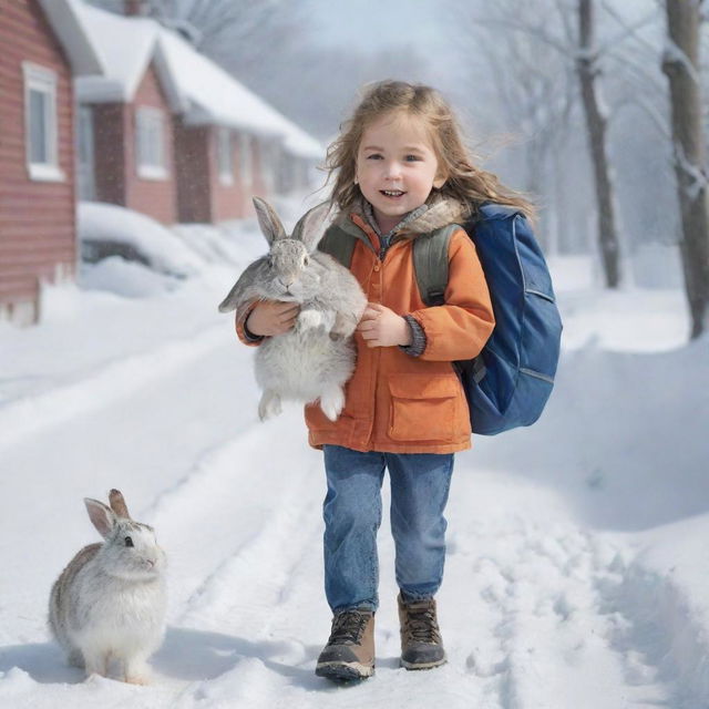 Illustration of a caring young girl named Nala with her pet rabbit and a first aid backpack, rushing to aid her distressed grandfather Otto, who is clutching his chest while holding a snow shovel outdoors.