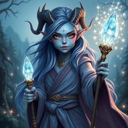 A young bluish-skinned sorceress with draconic features, such as horned ridges, scaled arms, and piercing eyes that hint at her ancient powers